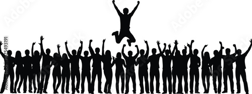 Vector illustration of celebratory human silhouettes—symbols for unity, achievement, excitement, teamwork, joy, motion, posture, and expressive social design