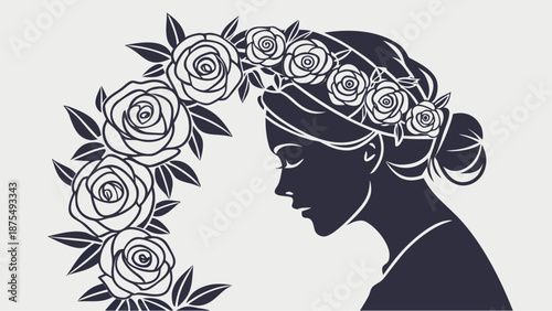 Elegant woman adorned with floral headpiece and roses