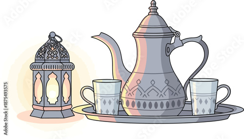 Elegant tea set with a traditional teapot, two cups, and a decorative lantern on a serving tray