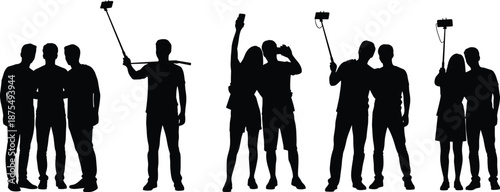 Vector illustration of selfie silhouettes—symbols for mobile photography, social interaction, modern lifestyle, technology use, expressive poses, and digital culture graphics