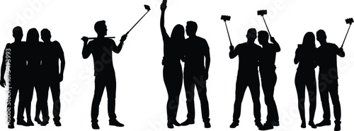 Vector illustration of selfie silhouettes—symbols for mobile photography, social interaction, modern lifestyle, technology, group bonding, expressive poses, and digital culture