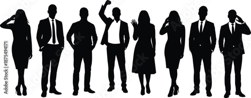 Vector illustration of business people silhouettes—symbols for corporate posture, teamwork, leadership, diversity, gesture, professionalism, office lifestyle, and workplace dynamics