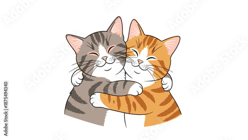 Two adorable cartoon kittens, one gray tabby and one orange tabby, sharing a warm and friendly embrace on a white background.