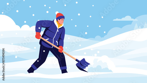 Determined man in a blue winter jacket and warm hat using a shovel to clear heavy snow from a path in a cold winter landscape.