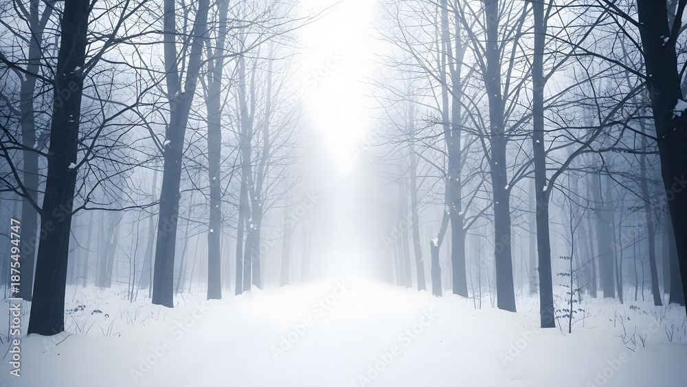 Fototapeta premium Serene winter forest landscape with snow covered trees and sunbeam