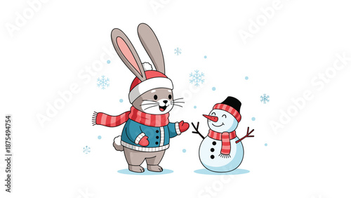 Cute brown bunny in a winter sweater and hat smiles while standing next to a happy snowman in a snowy forest with falling snowflakes and dots.