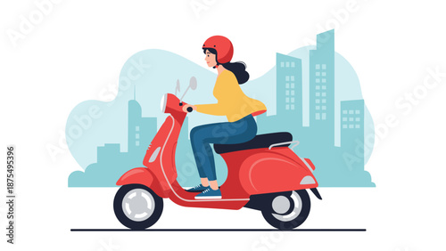 Young woman wearing a red helmet riding a classic red motor scooter through a city landscape with a soft teal blue skyline background.