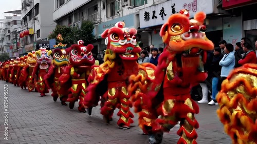 Chinese lunar new year holiday celebration. Spring festival tradition. Chunjie. Asia. A vibrant street scene featuring a parade of colorful lion dance performers.