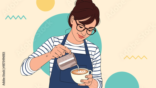 Expert female barista pouring steamed milk into a coffee cup to create a beautiful latte art heart design in a trendy cafe.