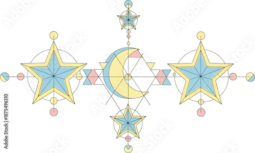 Mystical celestial and geometric design featuring stars crescent moon and cosmic symbols rendered