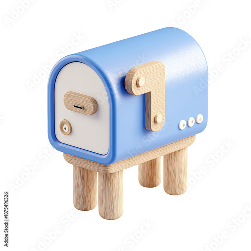 Isometric 3D rendering of a light blue and beige mailbox, wooden details
