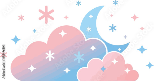 Whimsical pastel night sky with clouds moon stars and snowflakes creating a dreamy atmosphere