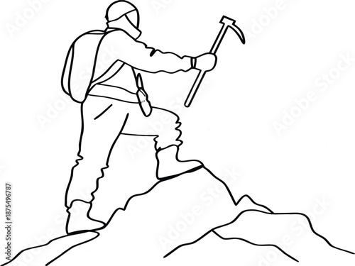 Minimalist continuous line art illustration of a mountain climber hiking uphill, holding an ice axe in one hand, wearing outdoor gear and boots.