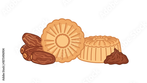 Traditional Arabic Maamoul Cookies Vector Illustration with Fresh Dates and Date Paste for Eid Mubarak