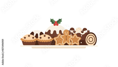 Traditional Christmas Desserts Collection Vector Illustration with Pudding, Gingerbread Man, and Yule Log Cake on Plate