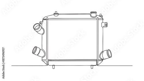 A clean, minimalist line art illustration of a car radiator with attached pipes, set against a white background, perfect for technical or automotive concepts.