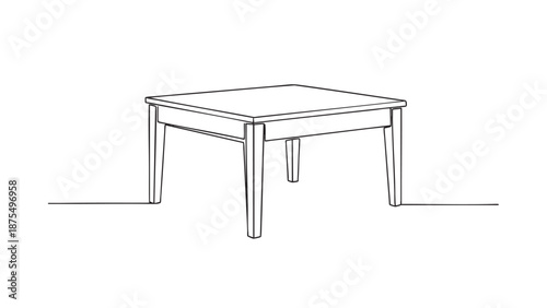 A minimalist black and white line drawing of a simple square wooden table with four tapered legs against a clean white background.