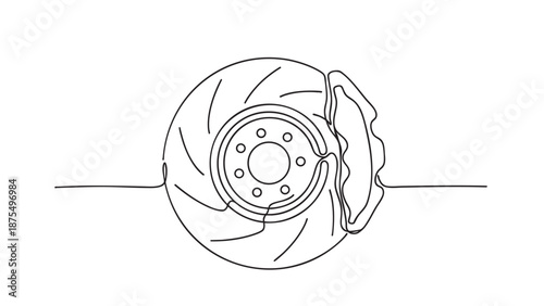 A minimalist single line drawing of a car brake disc and caliper against a clean white background, perfect for automotive and mechanical concepts.