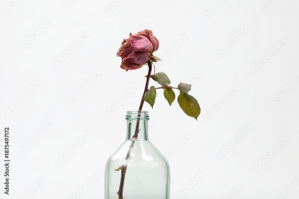Obraz premium Withered pink rose in clear glass bottle against white background