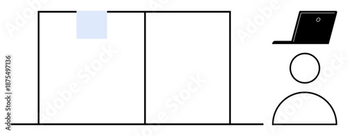 Remote work, online meetings, virtual collaboration, minimalism, productivity, workspace arrangement. Minimalistic laptop and human figure beside a partition with a note. Remote work and online