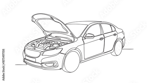 A minimalist line art illustration of a sedan with its hood open, revealing the engine components inside, suitable for automotive or repair concepts.
