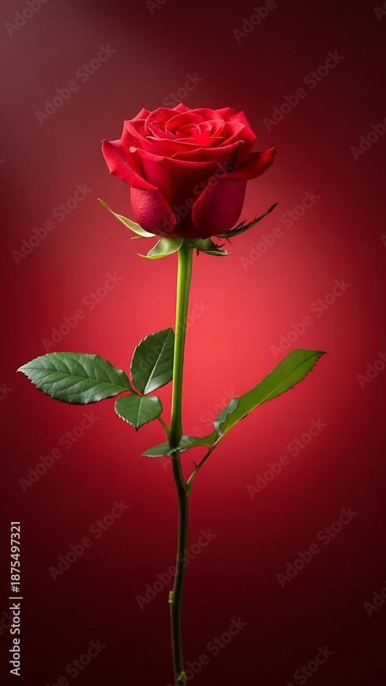 Fototapeta premium Beautiful red rose with long stem on dark red gradient background