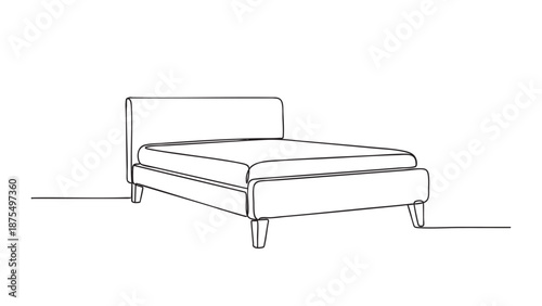 A minimalist single line drawing depicts a modern bed with a headboard and mattress, isolated on a white background, ideal for interior design and lifestyle concepts.