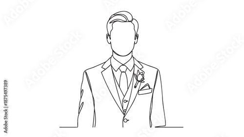 A minimalist single line drawing of a man in a formal suit, complete with tie and boutonniere, set against a clean white background.