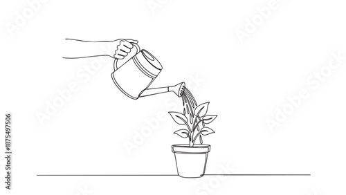 A simple line art illustration depicts a hand holding a watering can, gently pouring water onto a small plant in a pot, symbolizing growth and care.