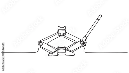 A minimalist line drawing depicts a car scissor jack in operation, with its lever extended, against a stark white background perfect for conceptual use.