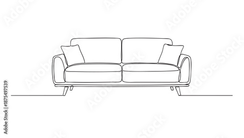 A minimalist line drawing depicts a modern sofa with two cushions and tapered legs, presented on a clean white background with simple line extensions.