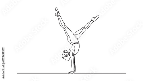 A minimalist black and white continuous line drawing depicts a woman performing a handstand, showcasing strength, balance, and grace with a modern, artistic flair.