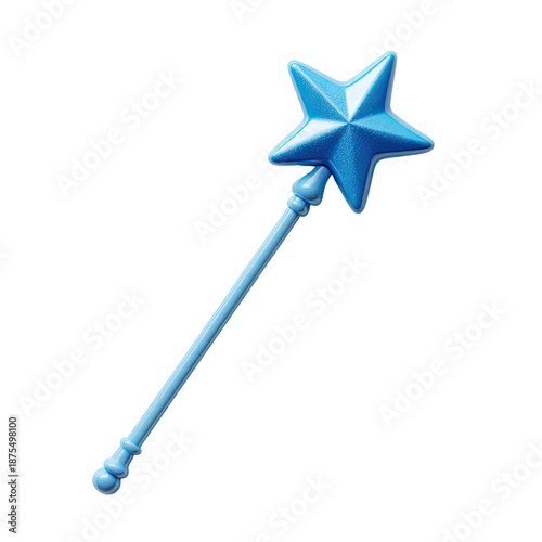 A whimsical, bright blue magic wand with a star-shaped head and a slender handle, isolated
