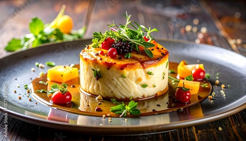A gourmet dish presentation on a dark gray plate with fresh herbs, colorful berries, and golden sauce
