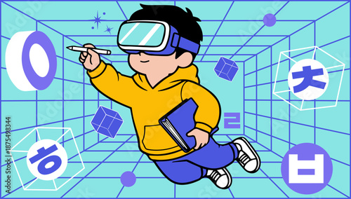 Boy Using Virtual Reality Headset and Stylus in Metaverse Space, Child Exploring VR Education and Digital Learning Concept, Futuristic Technology Flat SVG Illustration