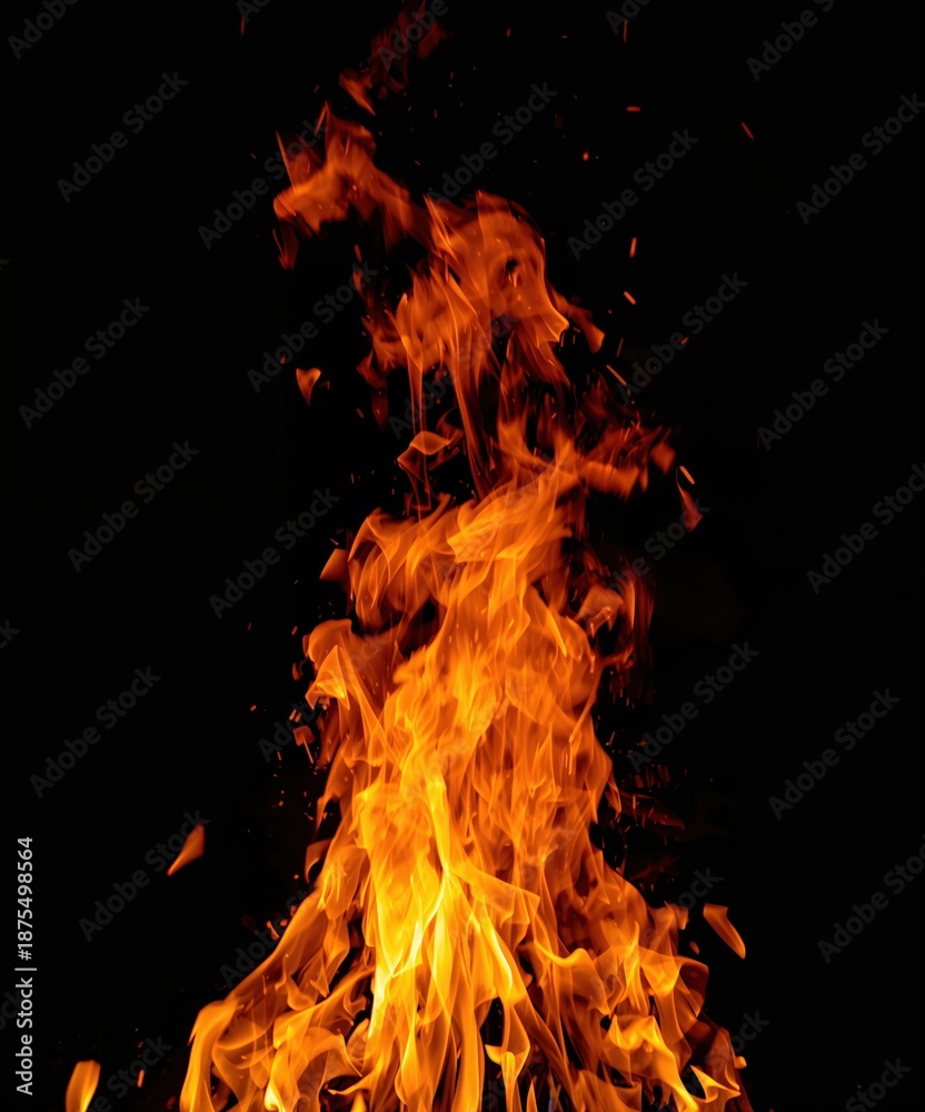 Fototapeta premium Dramatic fire blaze with layered flames and glowing embers, isolated background for heat and hazard visuals.