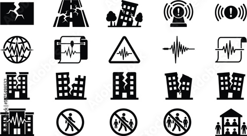Earthquake emergency icon set, editable vector clipart, isolated, black silhouettes, seismic damage, alert symbols, shelter, global monitoring