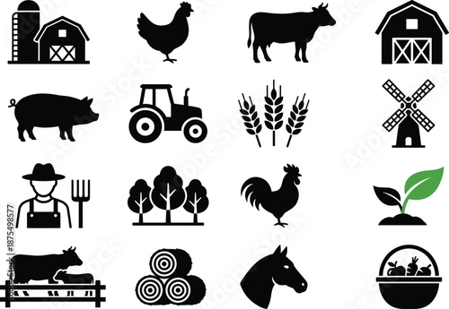 Farming icon set, agriculture symbols, editable vector clipart, isolated, black silhouettes, barn, tractor, cow, wheat, farmer