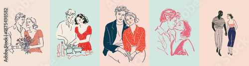 Hand drawn romantic couples celebrating love and relationships for valentines day illustrations and designs