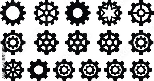 Gear icon set, mechanical silhouettes, black vector graphics, engineering theme, industrial design, cogwheel variations, machinery illustration