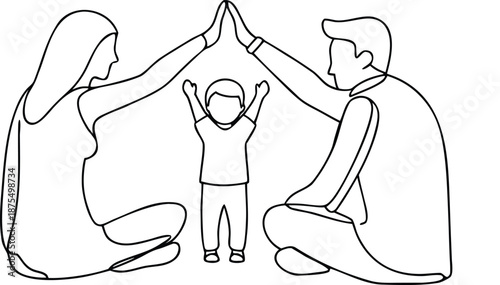 Minimalist continuous line drawing of a family moment—parents facing each other with a joyful child standing between them.