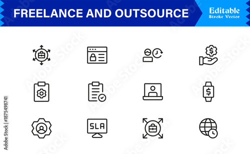 Freelance And Remote Work Line Icon Collection – Unique Clean Outline Symbols For Business And Outsourcing