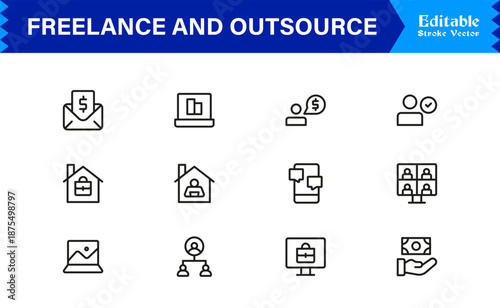 Freelance And Remote Work Line Icon Collection – Unique Clean Outline Symbols For Business And Outsourcing