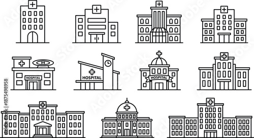 Hospital line art icon set, editable vector clipart, isolated, black outlines, medical buildings, cross symbol, helipad, dome