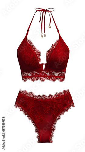 Elegant Red Lace Lingerie Set with Halter Top and Panties Fashion