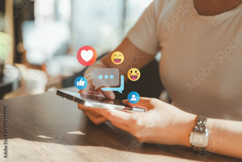 The concept of living on vacation and playing social media. Social media and digital online concept, woman using smart phone.