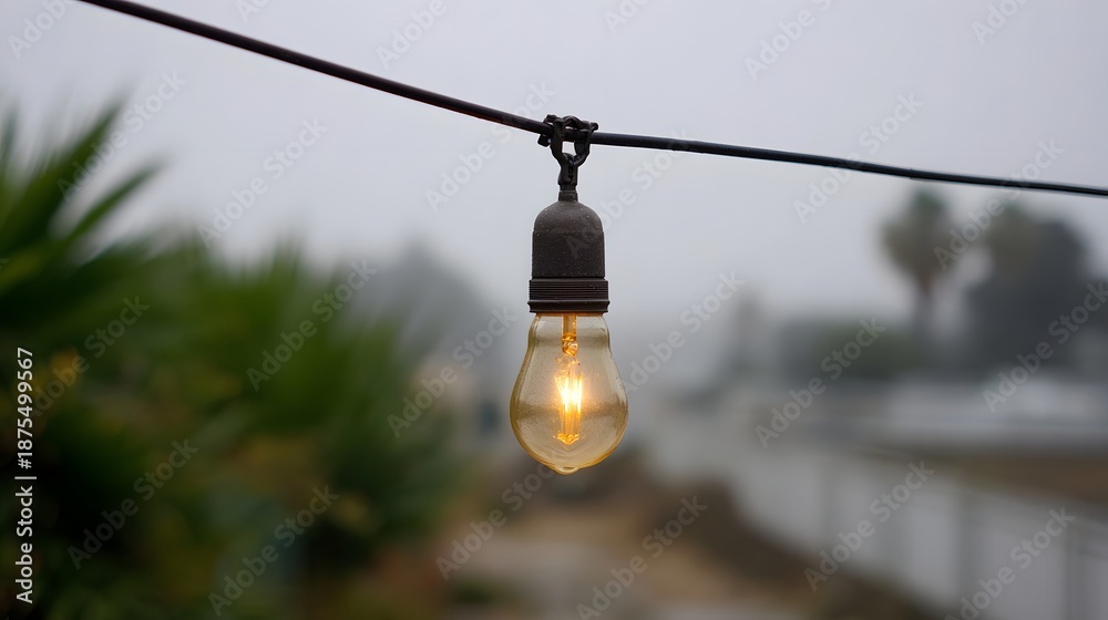 Naklejka premium A solitary vintage light bulb illuminates a foggy outdoor scene suspended from a wire