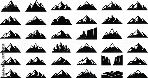Mountain icon set, silhouette illustrations, black and white vector graphics, peak and ridge shapes, nature theme, outdoor design