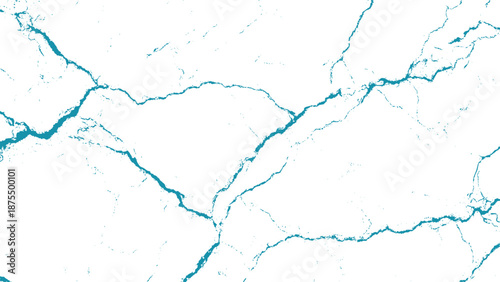 Teal colored cracks on white marble surface texture background