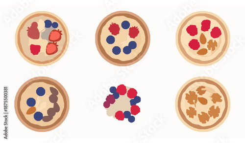 Healthy oatmeal porridge with berries and nuts flat vector icon set isolated on white